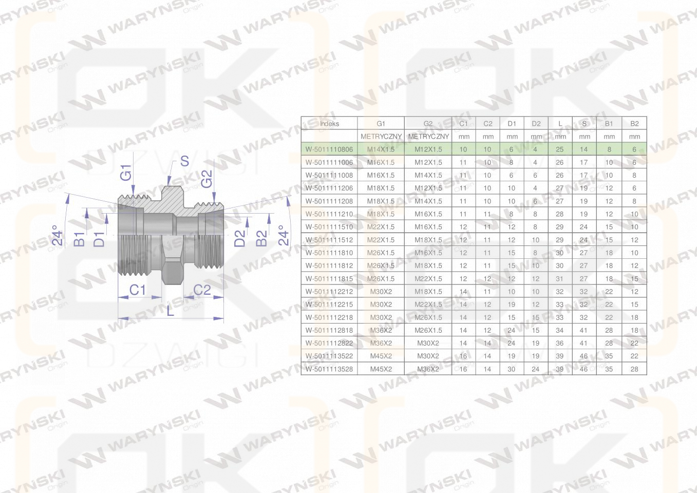 Złączka hydrauliczna redukcyjna metryczna BB M14x1.5 08L / M12x1.5 06L (XG) Waryński ( sprzedawane po 5 )
