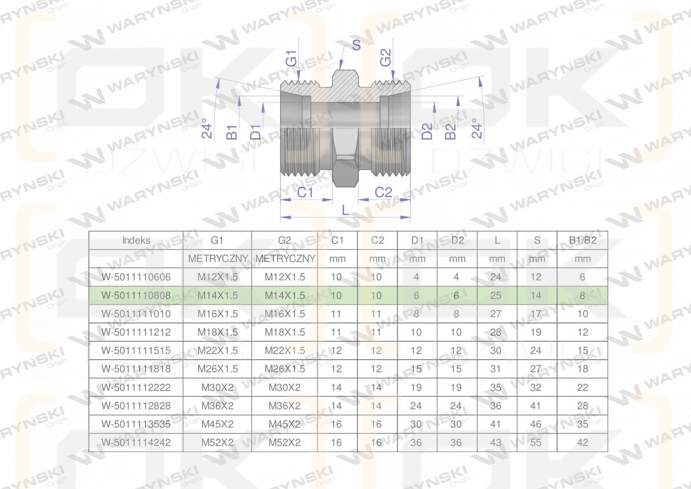 Złączka hydrauliczna metryczna BB M14x1.5 08L (XG) Waryński ( sprzedawane po 10 )