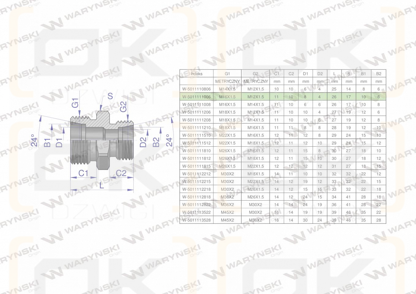 Złączka hydrauliczna redukcyjna metryczna BB M16x1.5 10L / M12x1.5 06L (XG) Waryński ( sprzedawane po 5 )