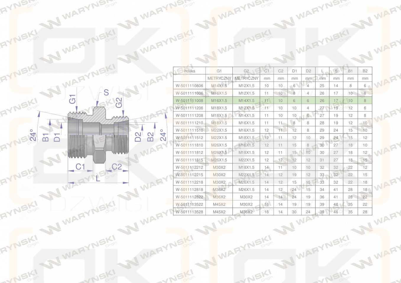 Złączka hydrauliczna redukcyjna metryczna BB M16x1.5 10L / M14x1.5 08L (XG) Waryński ( sprzedawane po 5 )