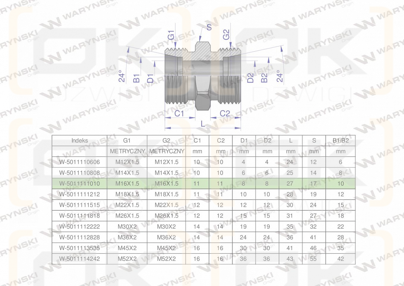 Złączka hydrauliczna metryczna BB M16x1.5 10L (XG) Waryński ( sprzedawane po 10 )