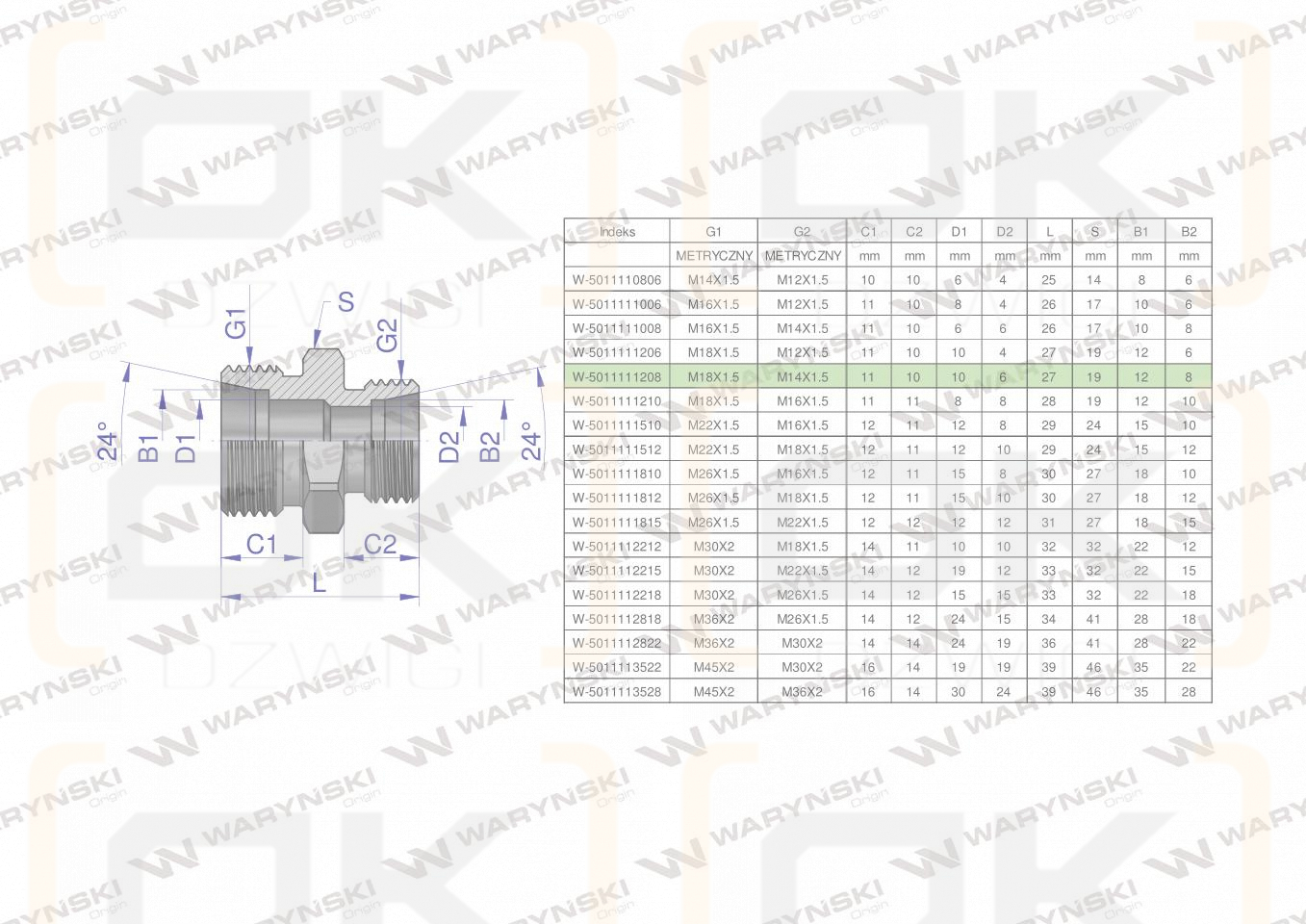 Złączka hydrauliczna redukcyjna metryczna BB M18x1.5 12L / M14x1.5 08L (XG) Waryński ( sprzedawane po 5 )