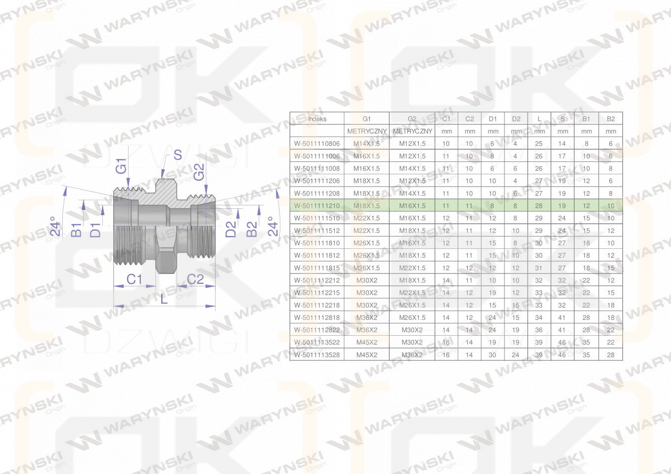 Złączka hydrauliczna redukcyjna metryczna BB M18x1.5 12L / M16x1.5 10L (XG) Waryński ( sprzedawane po 10 )