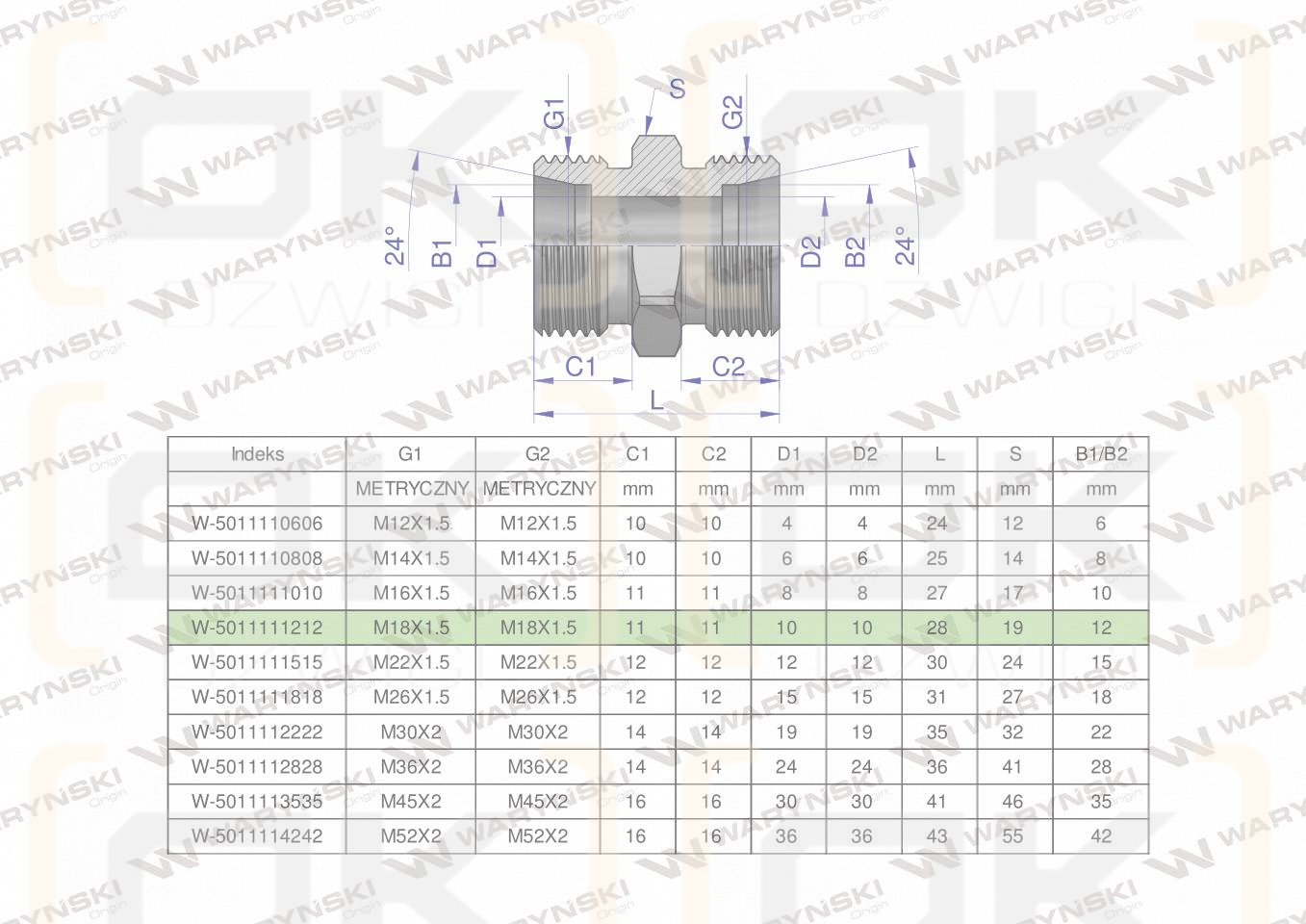 Złączka hydrauliczna metryczna BB M18x1.5 12L (XG) Waryński ( sprzedawane po 10 )