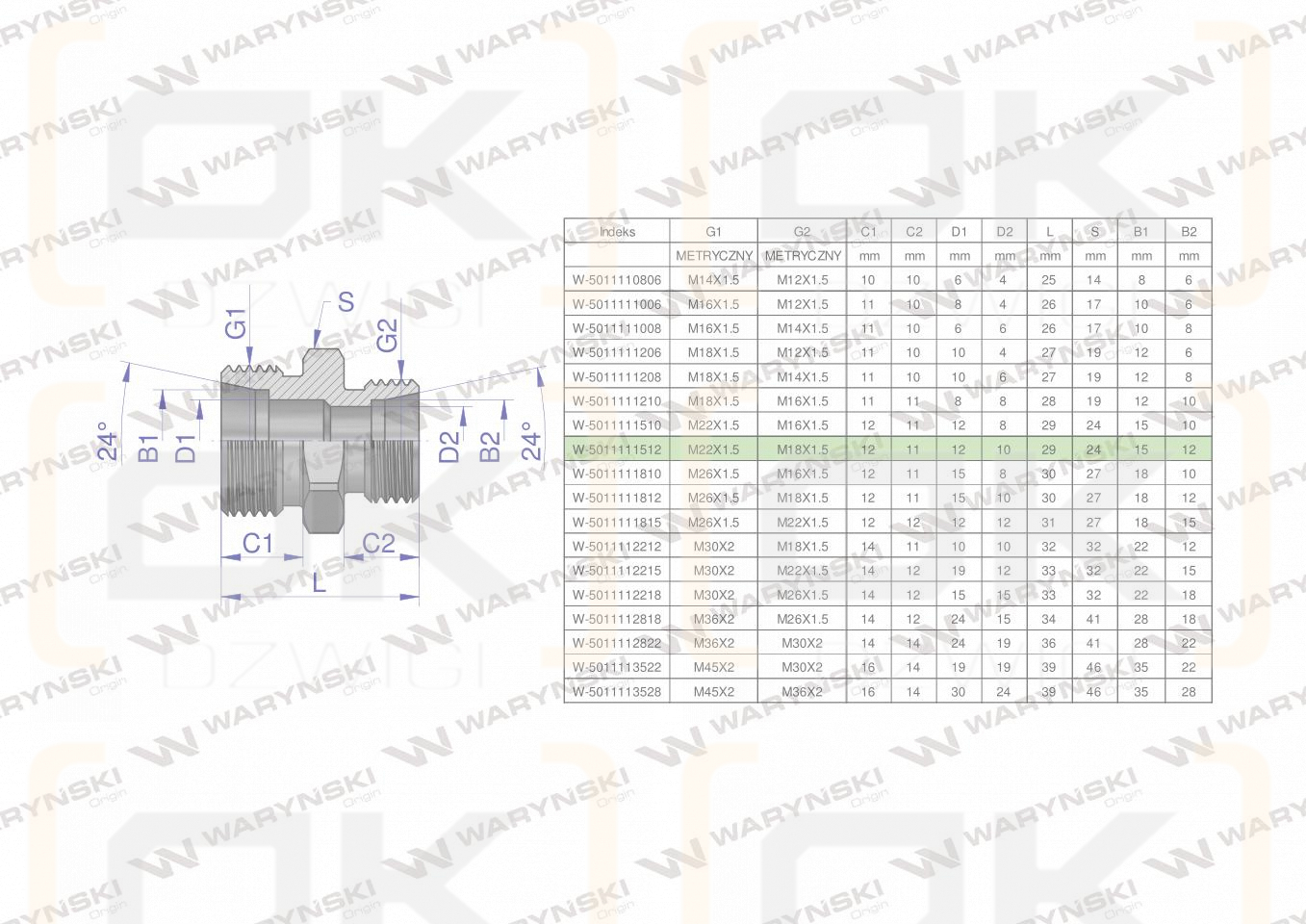 Złączka hydrauliczna redukcyjna metryczna BB 22/18  M22x1.5 15L / M18x1.5 12L (XG) Waryński ( sprzedawane po 10 )