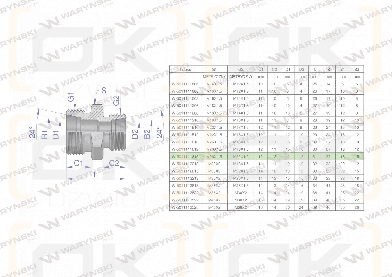 Złączka hydrauliczna redukcyjna metryczna BB M26x1.5 18L / M22x1.5 15L (XG) Waryński ( sprzedawane po 2 )