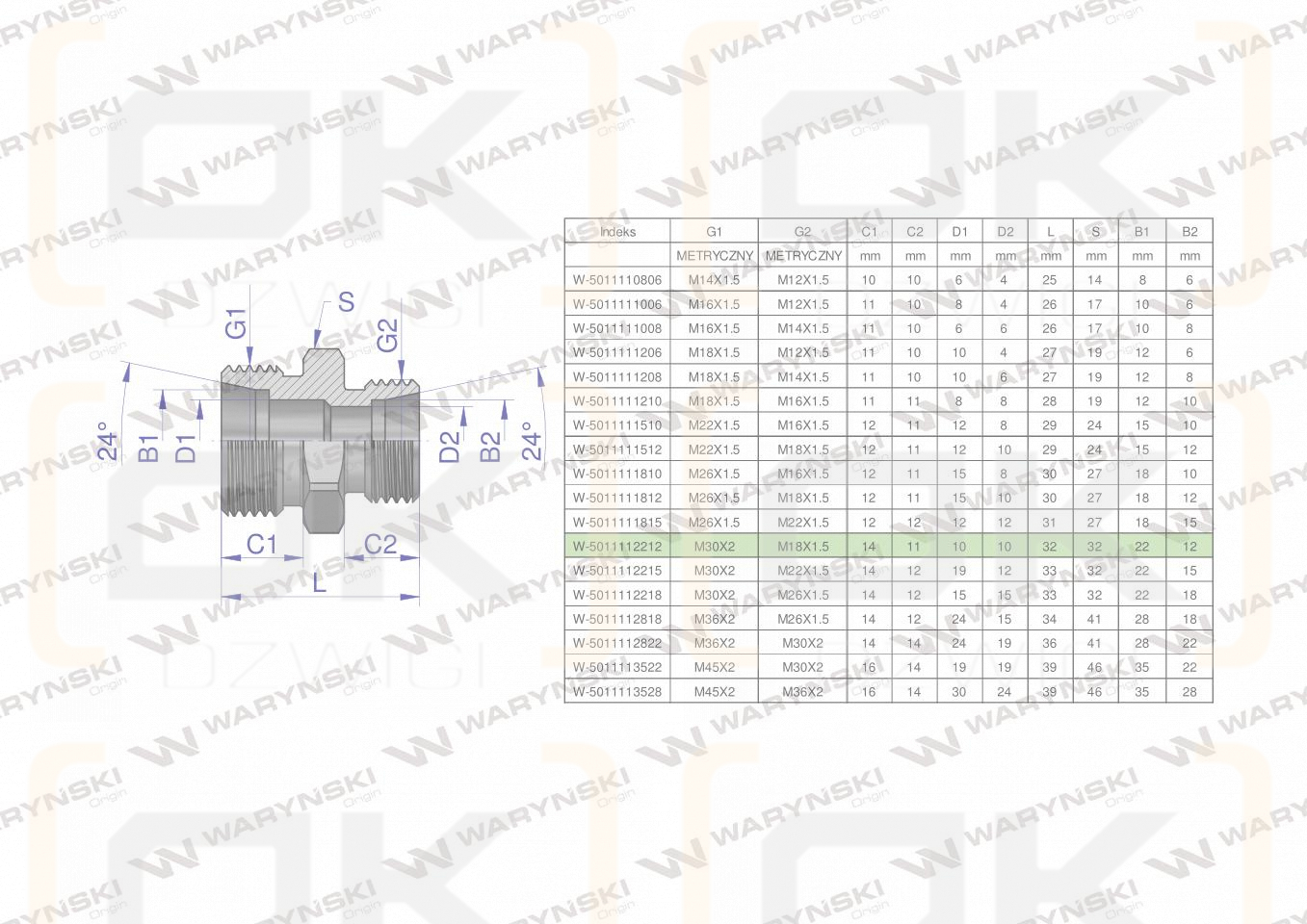 Złączka hydrauliczna redukcyjna metryczna BB M30x2 22L / M18x1.5 12L (XG) Waryński