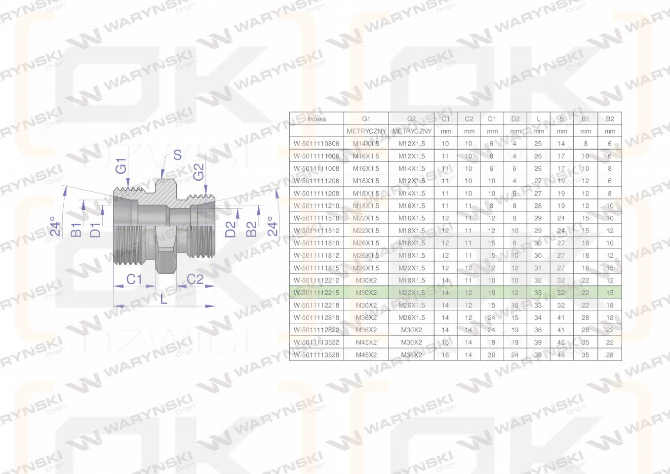 Złączka hydrauliczna redukcyjna metryczna BB M30x2 22L / M22x1.5 15L (XG) Waryński