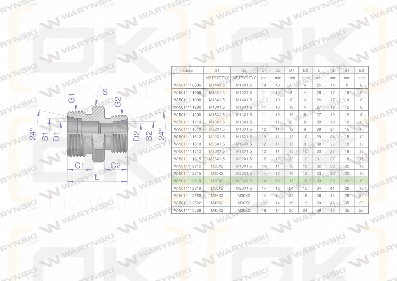 Złączka hydrauliczna redukcyjna metryczna BB M30x2 22L / M26x1.5 18L (XG) Waryński