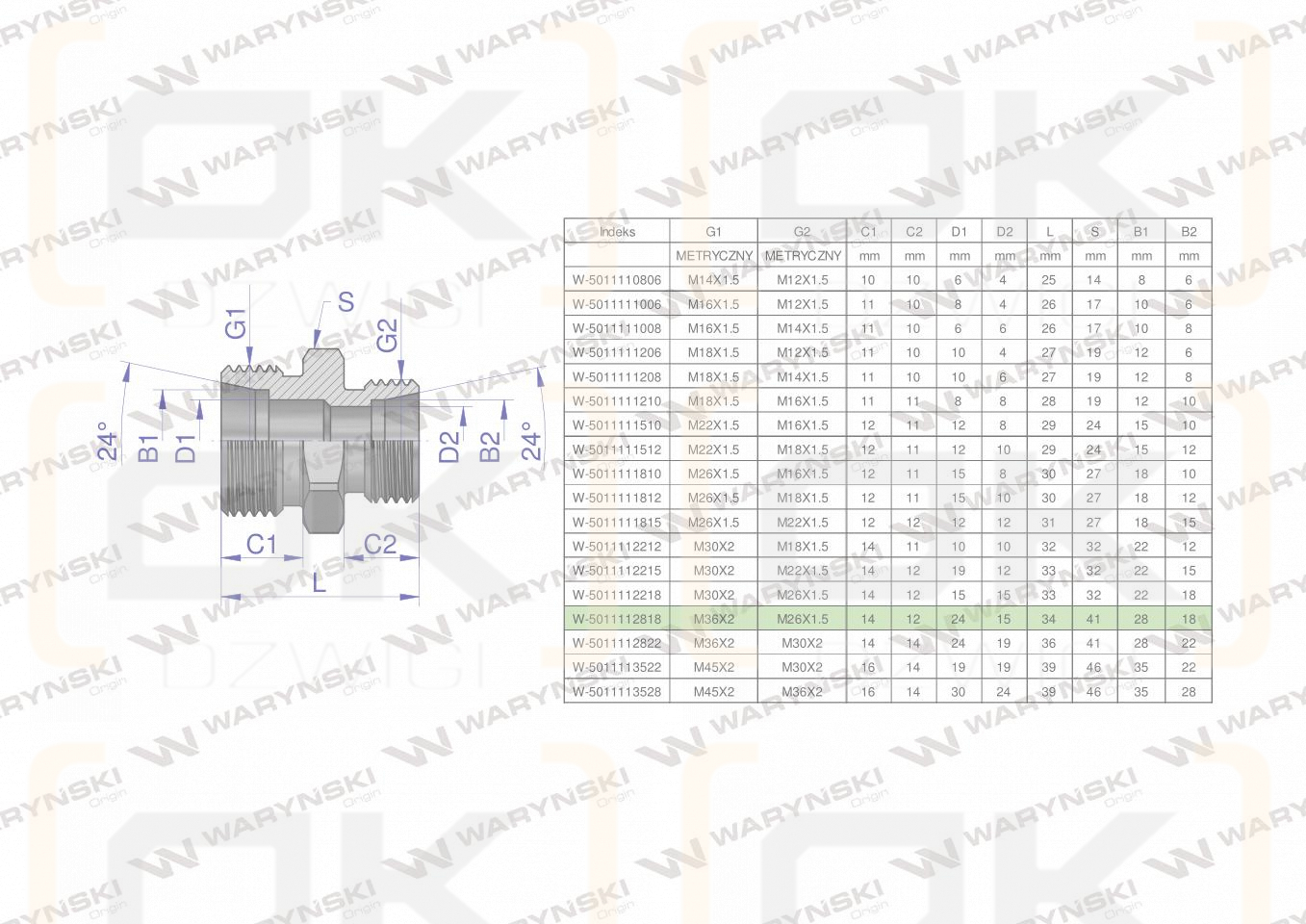 Złączka hydrauliczna redukcyjna metryczna BB M36x2 28L / M26x1.5 18L (XG) Waryński