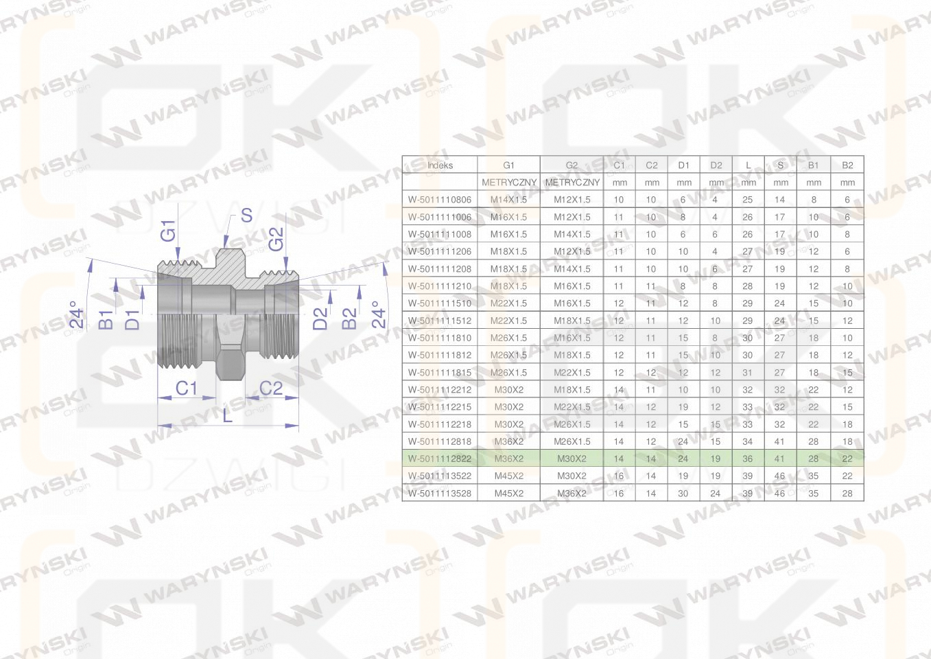 Złączka hydrauliczna redukcyjna metryczna BB M36x2 28L / M30x2 22L (XG) Waryński