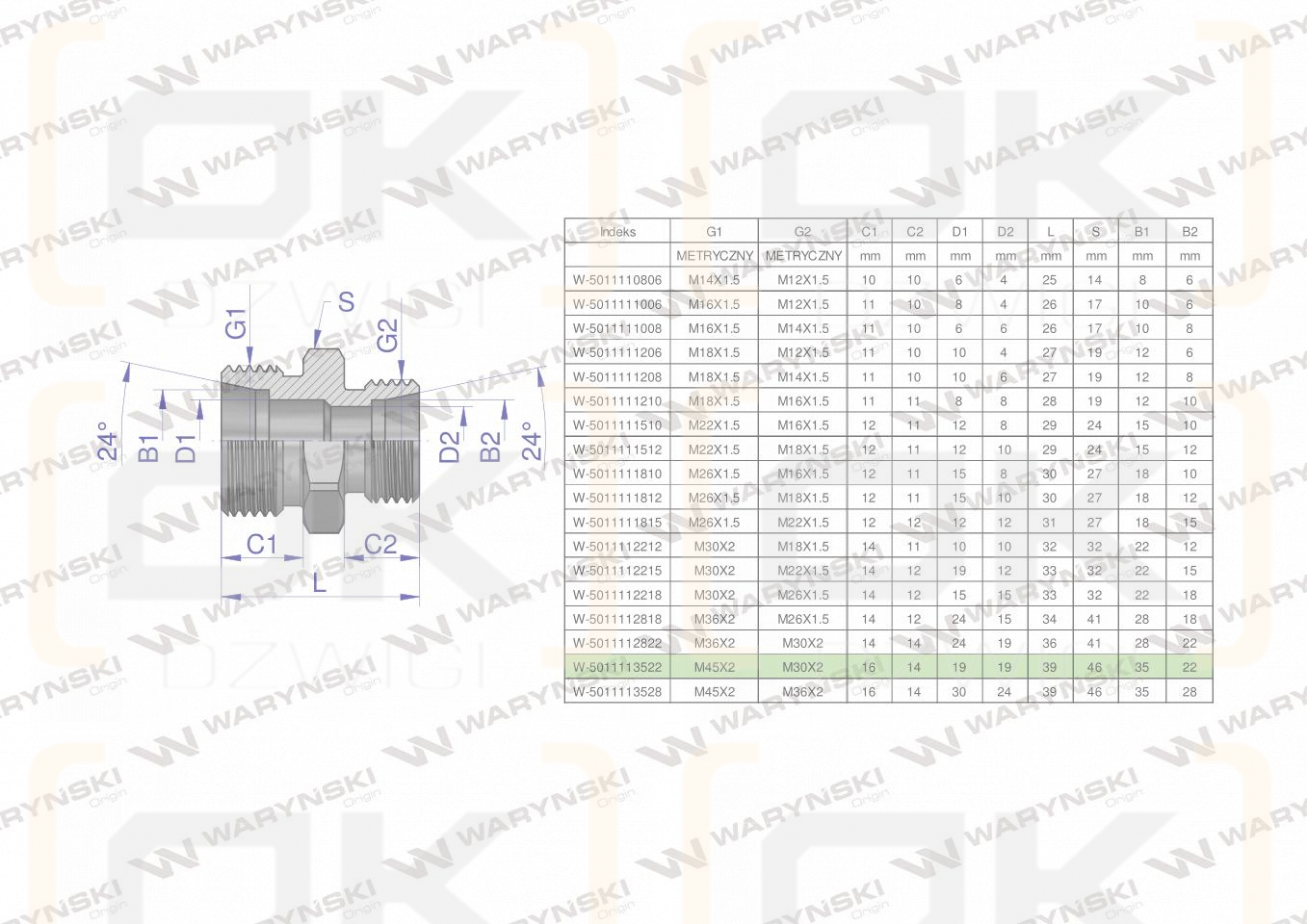 Złączka hydrauliczna redukcyjna metryczna BB M45x2 35L / M30x2 22L (XG) Waryński