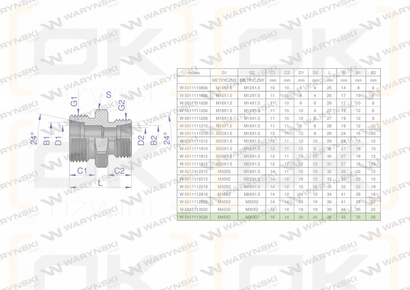 Złączka hydrauliczna redukcyjna metryczna BB M45x2 35L / M36x2 28L (XG) Waryński