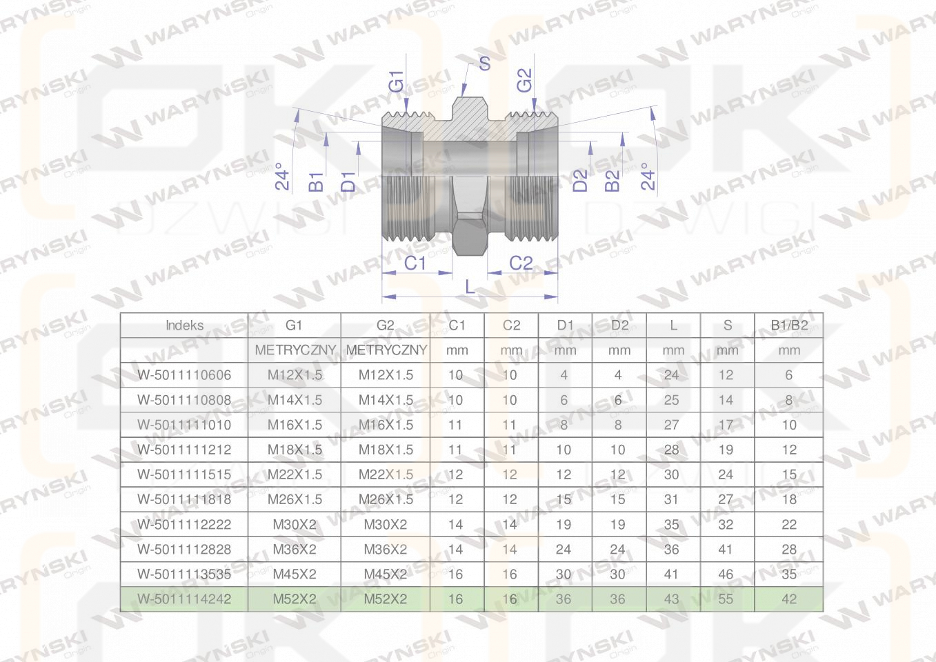 Złączka hydrauliczna metryczna BB M52x2 42L (XG) Waryński