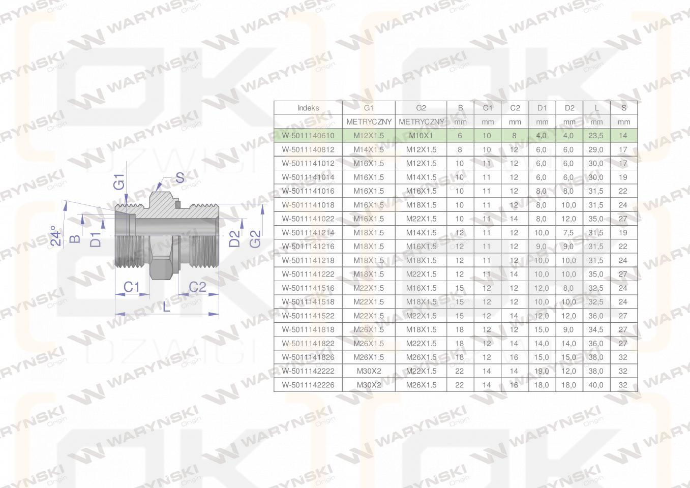 Przyłączka hydrauliczna metryczna BB (XGE) M12x1.5 06L x M10x1 ED Waryński ( sprzedawane po 5 )