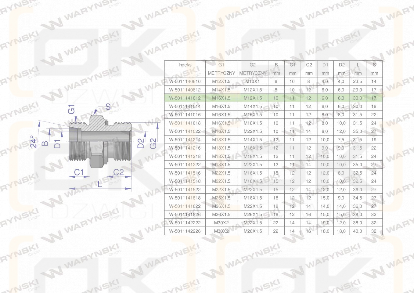 Przyłączka hydrauliczna metryczna BB (XGE) M16x1.5 10L x M12x1.5 ED Waryński ( sprzedawane po 5 )