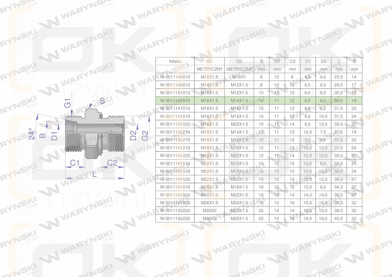 Przyłączka hydrauliczna metryczna BB (XGE) M16x1.5 10L x M14x1.5 ED Waryński ( sprzedawane po 5 )