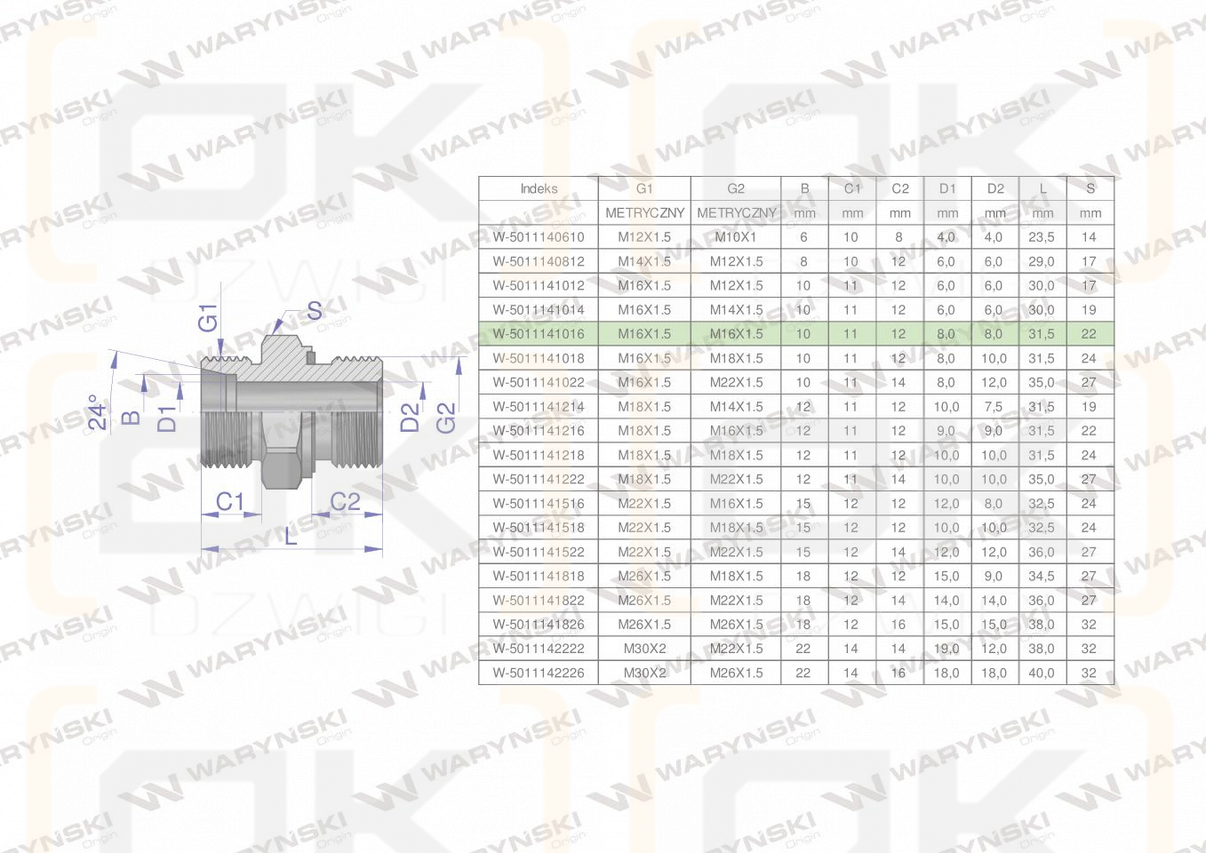 Przyłączka hydrauliczna metryczna BB (XGE) M16x1.5 10L x M16x1.5 ED Waryński ( sprzedawane po 5 )