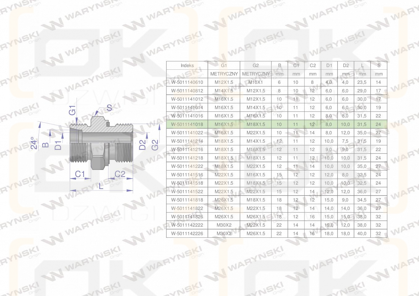 Przyłączka hydrauliczna metryczna BB (XGE) M16x1.5 10L x M18x1.5 ED Waryński ( sprzedawane po 5 )