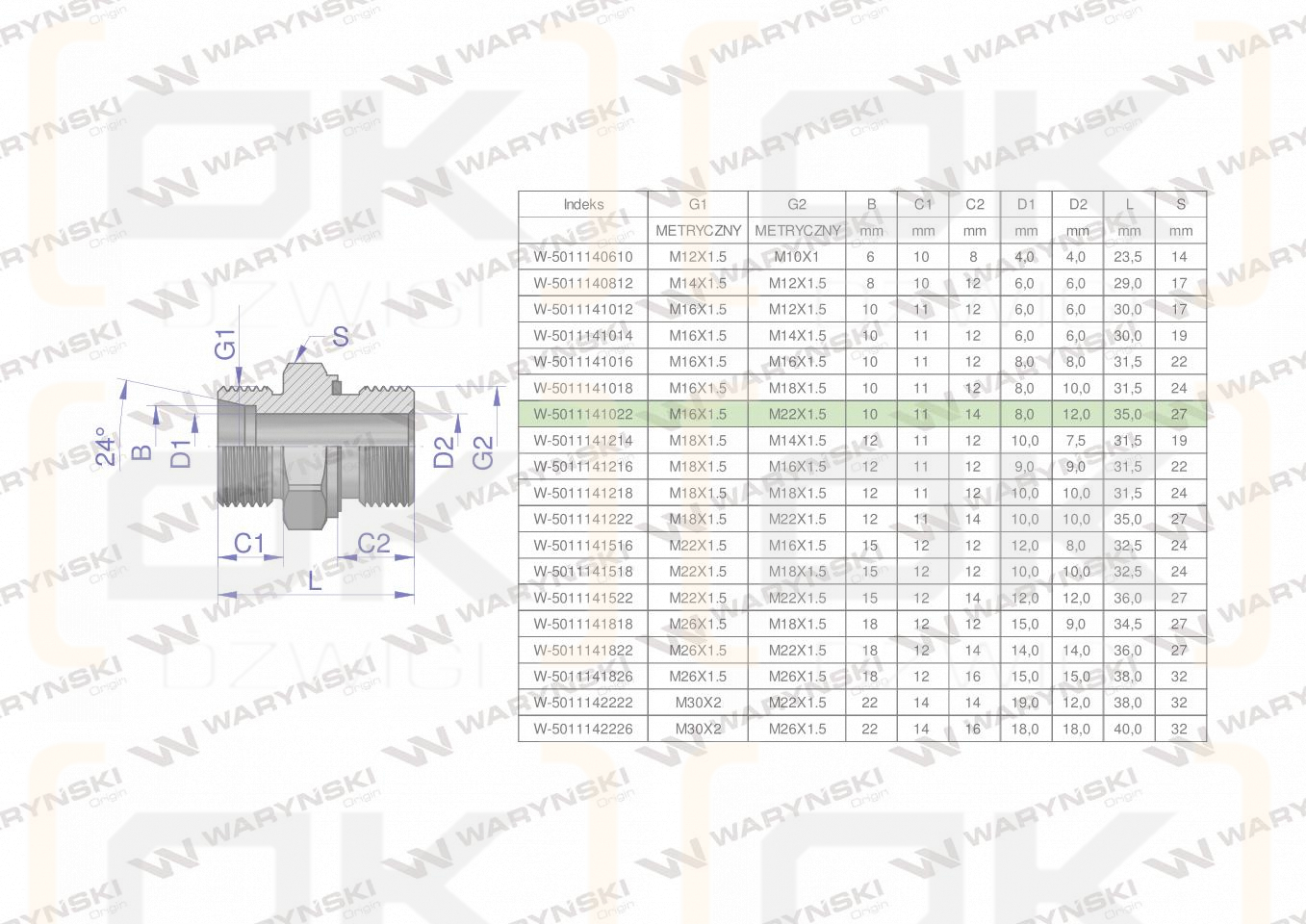 Przyłączka hydrauliczna metryczna BB (XGE) M16x1.5 10L x M22x1.5 ED Waryński ( sprzedawane po 5 )