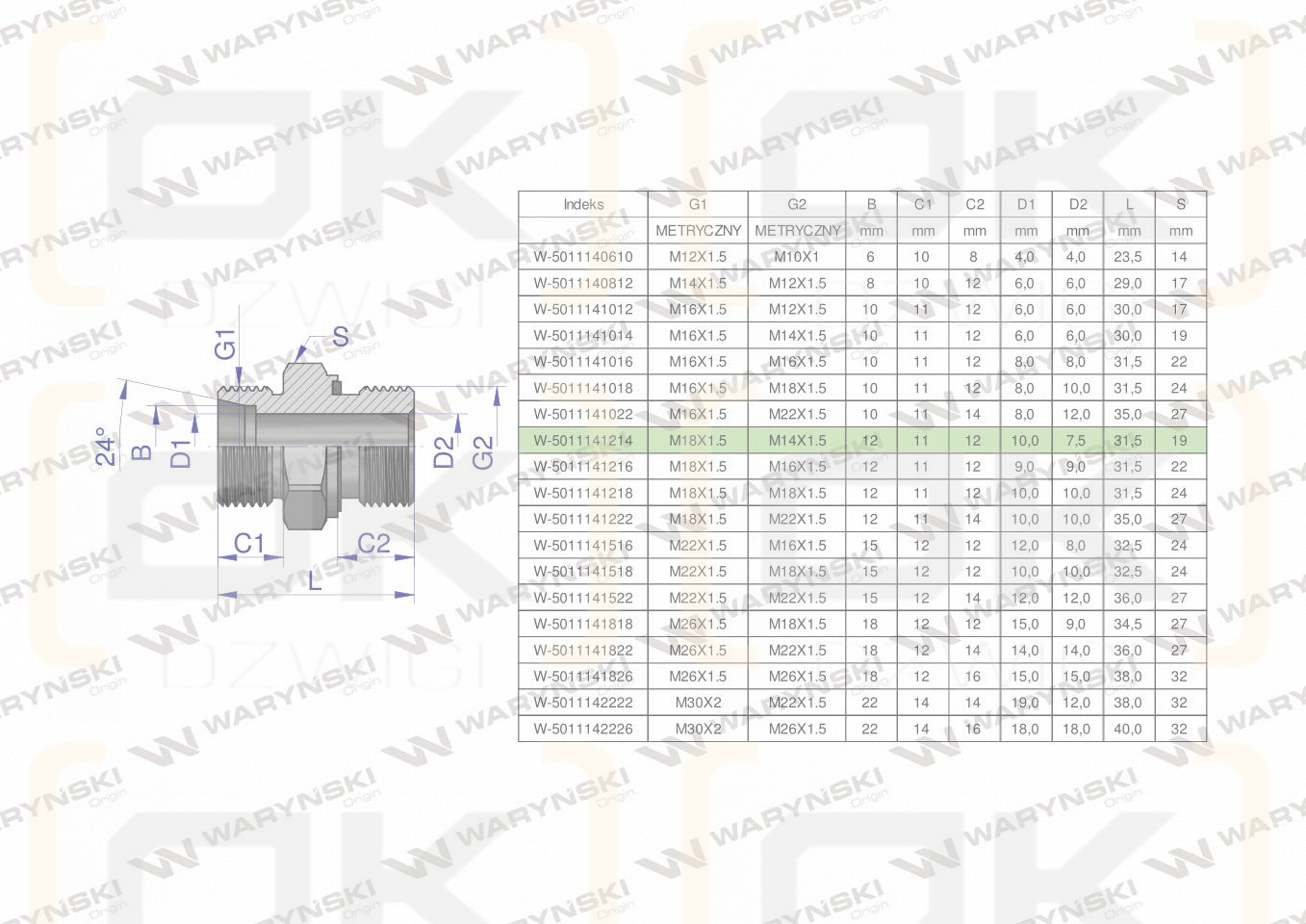 Przyłączka hydrauliczna metryczna BB (XGE) M18x1.5 12L x M14x1.5 ED Waryński ( sprzedawane po 5 )