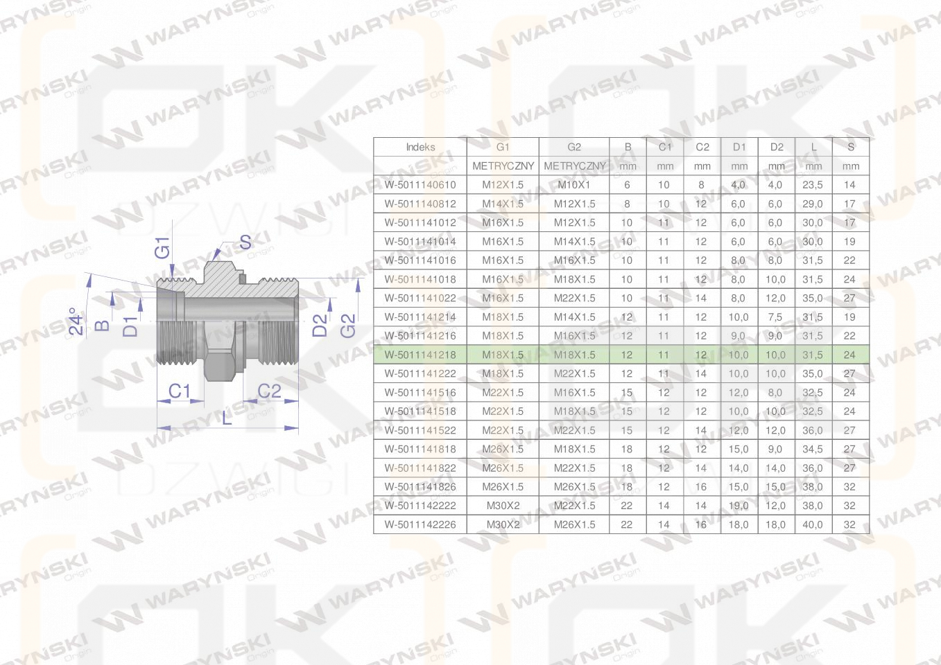 Przyłączka hydrauliczna metryczna BB 18/18 (XGE) M18x1.5 12L x M18x1.5 ED Waryński ( sprzedawane po 10 )