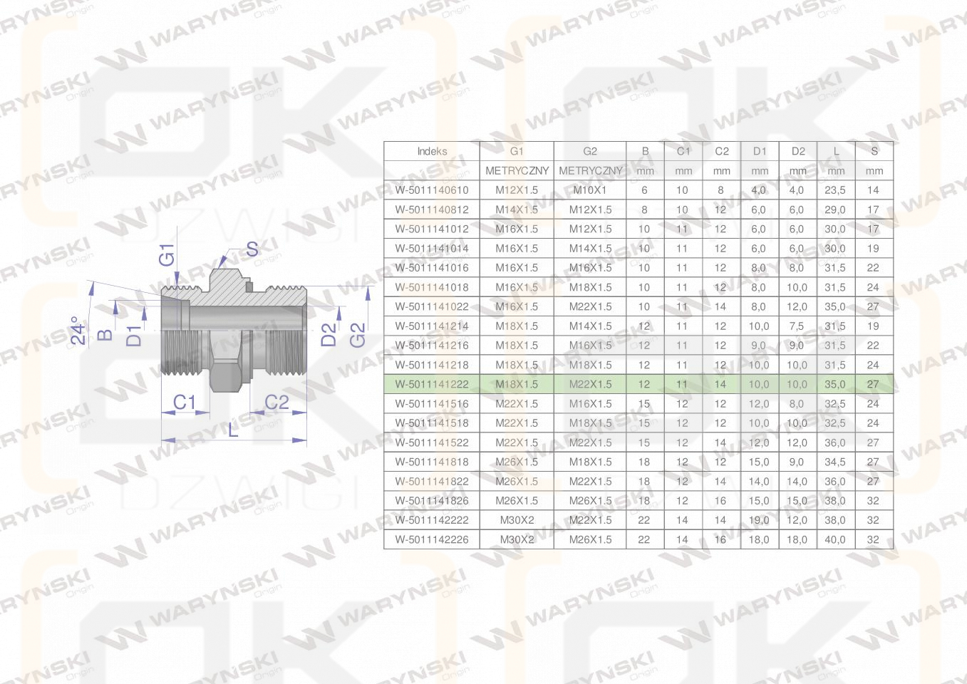 Przyłączka hydrauliczna metryczna BB (XGE) M18x1.5 12L x M22x1.5 ED Waryński ( sprzedawane po 10 )
