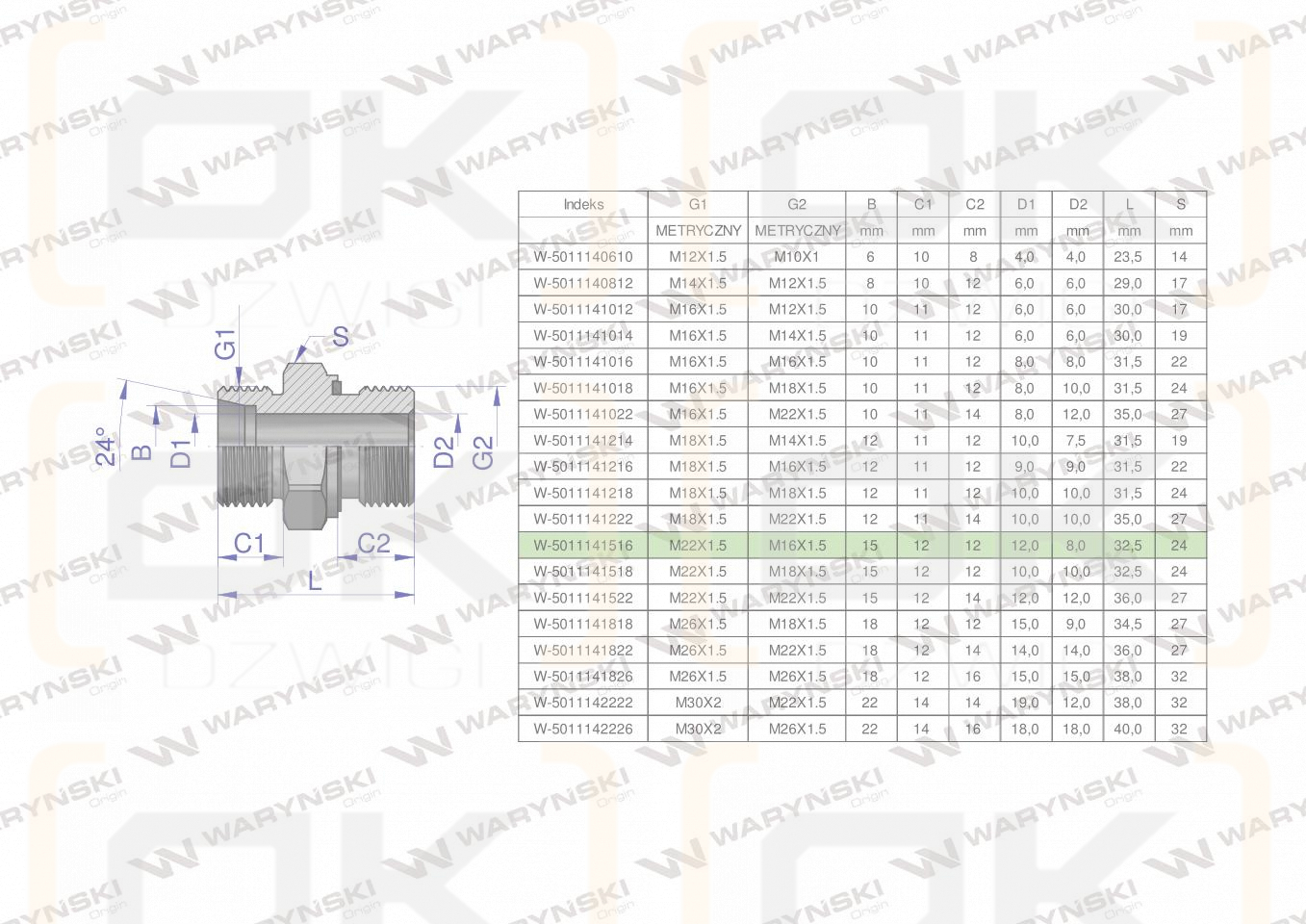 Przyłączka hydrauliczna metryczna BB (XGE) M22x1.5 15L x M16x1.5 ED Waryński ( sprzedawane po 10 )