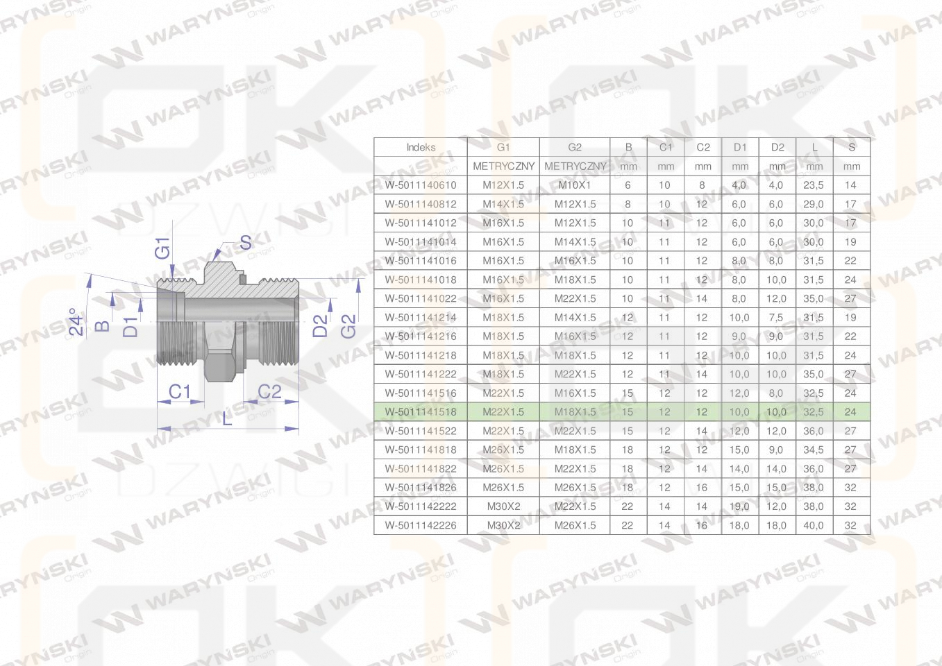 Przyłączka hydrauliczna metryczna BB (XGE) M22x1.5 15L x M18x1.5 ED Waryński ( sprzedawane po 10 )