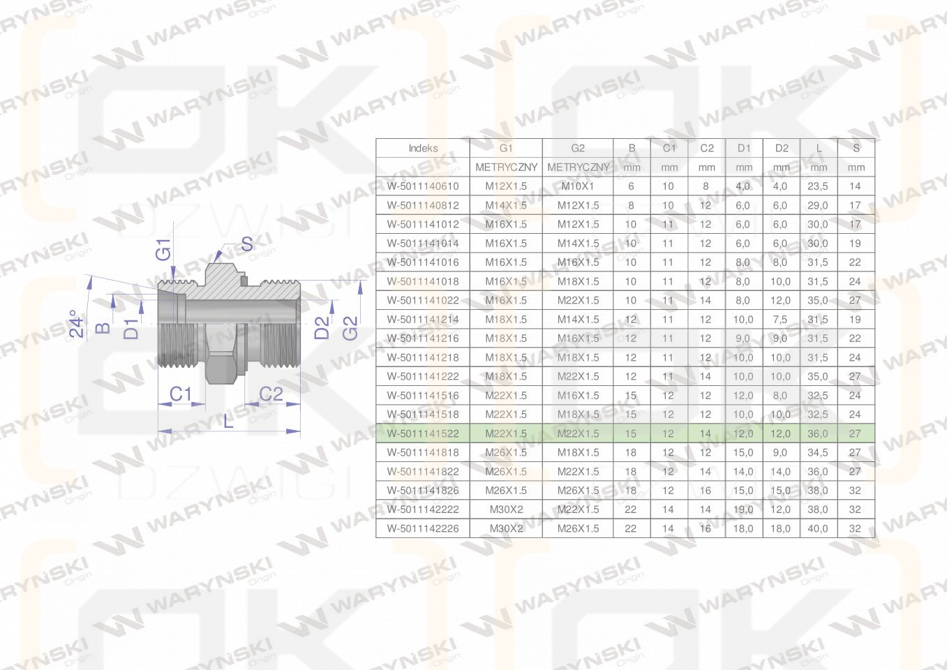 Przyłączka hydrauliczna metryczna BB (XGE) M22x1.5 15L x M22x1.5 ED Waryński ( sprzedawane po 10 )
