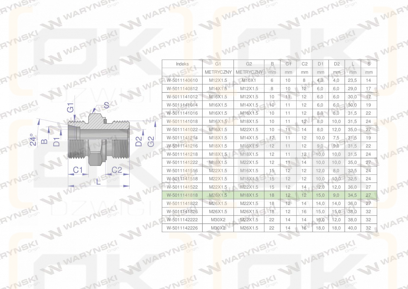 Przyłączka hydrauliczna metryczna BB (XGE) M26x1.5 18L x M18x1.5 ED Waryński ( sprzedawane po 2 )