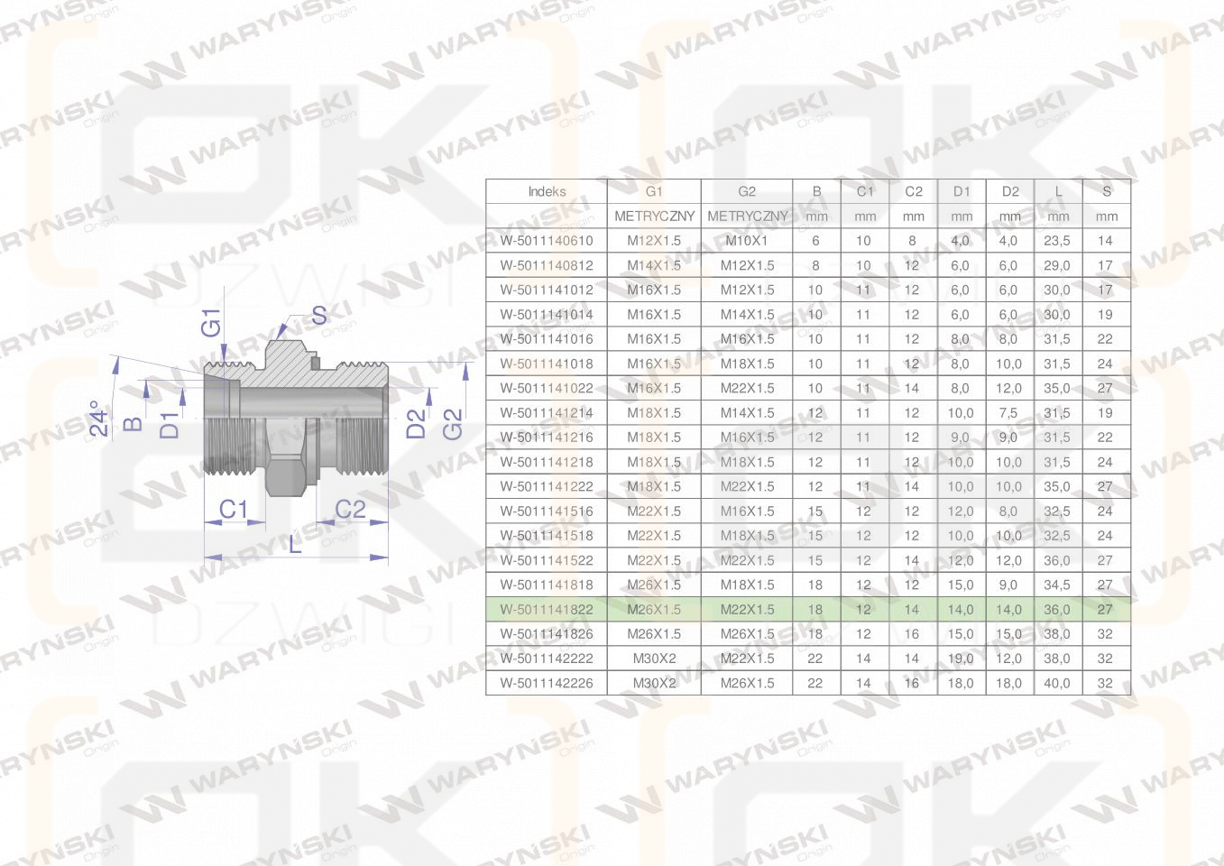 Przyłączka hydrauliczna metryczna BB (XGE) M26x1.5 18L x M22x1.5 ED Waryński ( sprzedawane po 2 )