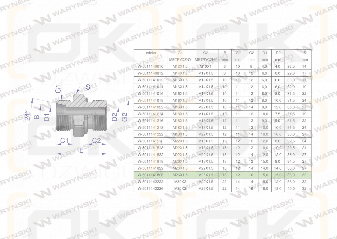 Przyłączka hydrauliczna metryczna BB (XGE) M26x1.5 18L x M26x1.5 ED Waryński ( sprzedawane po 2 )