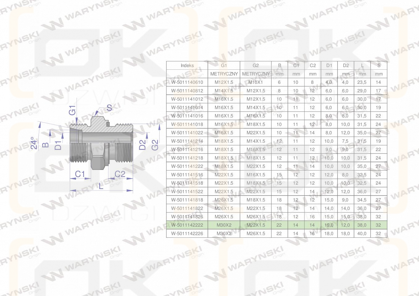 Przyłączka hydrauliczna metryczna BB (XGE) M30x2 22L x M22x1.5 ED Waryński ( sprzedawane po 2 )