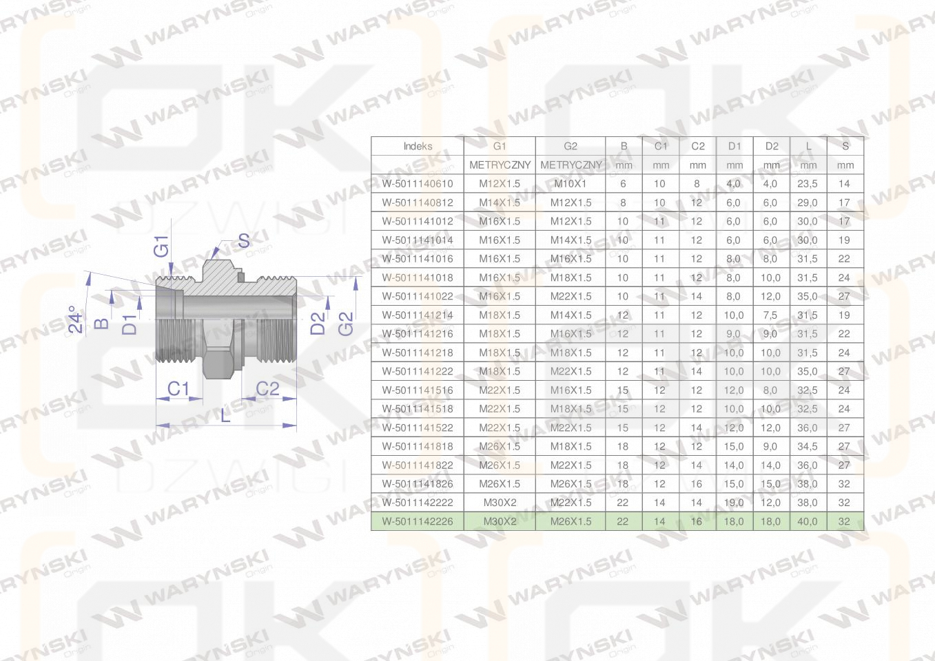 Przyłączka hydrauliczna metryczna BB (XGE) M30x2 22L x M26x1.5 ED Waryński ( sprzedawane po 2 )