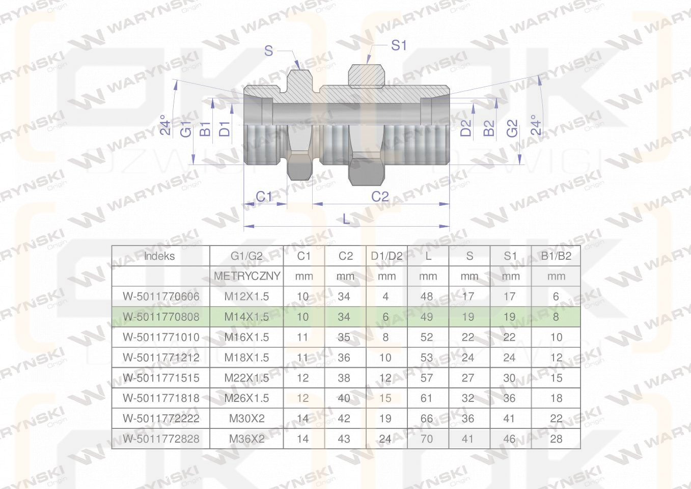 Złączka hydrauliczna metryczna grodziowa BB M14x1.5 08L z przeciwnakrętką (XSV) Waryński ( sprzedawane po 2 )