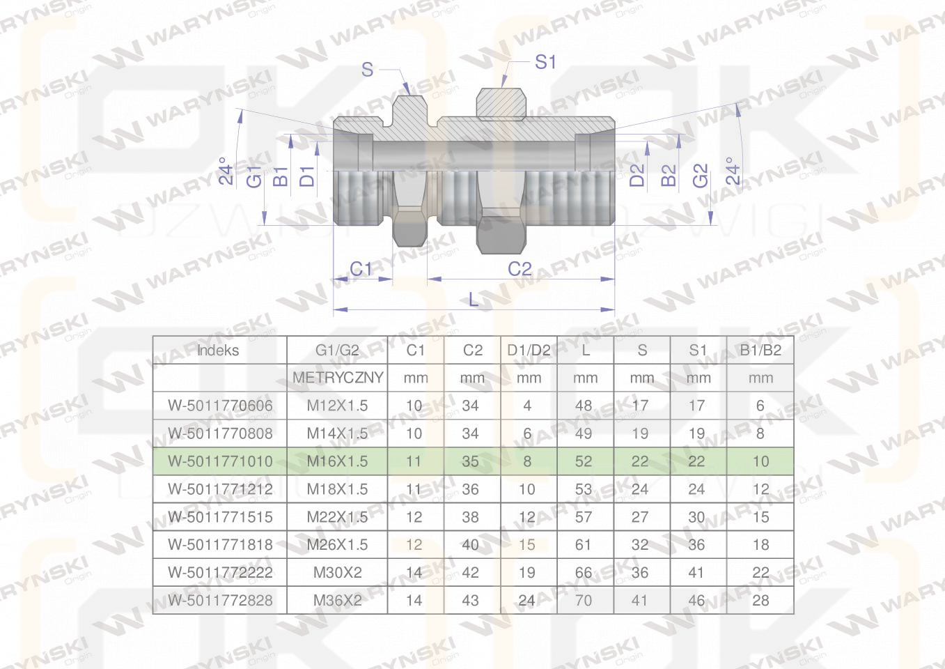 Złączka hydrauliczna metryczna grodziowa BB M16x1.5 10L z przeciwnakrętką (XSV) Waryński ( sprzedawane po 2 )