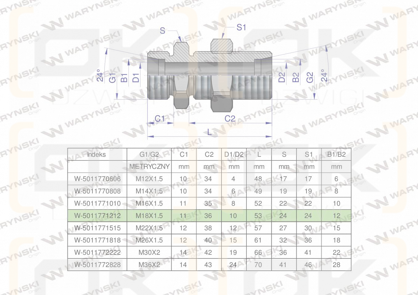 Złączka hydrauliczna metryczna grodziowa BB M18x1.5 12L z przeciwnakrętką (XSV) Waryński ( sprzedawane po 2 )