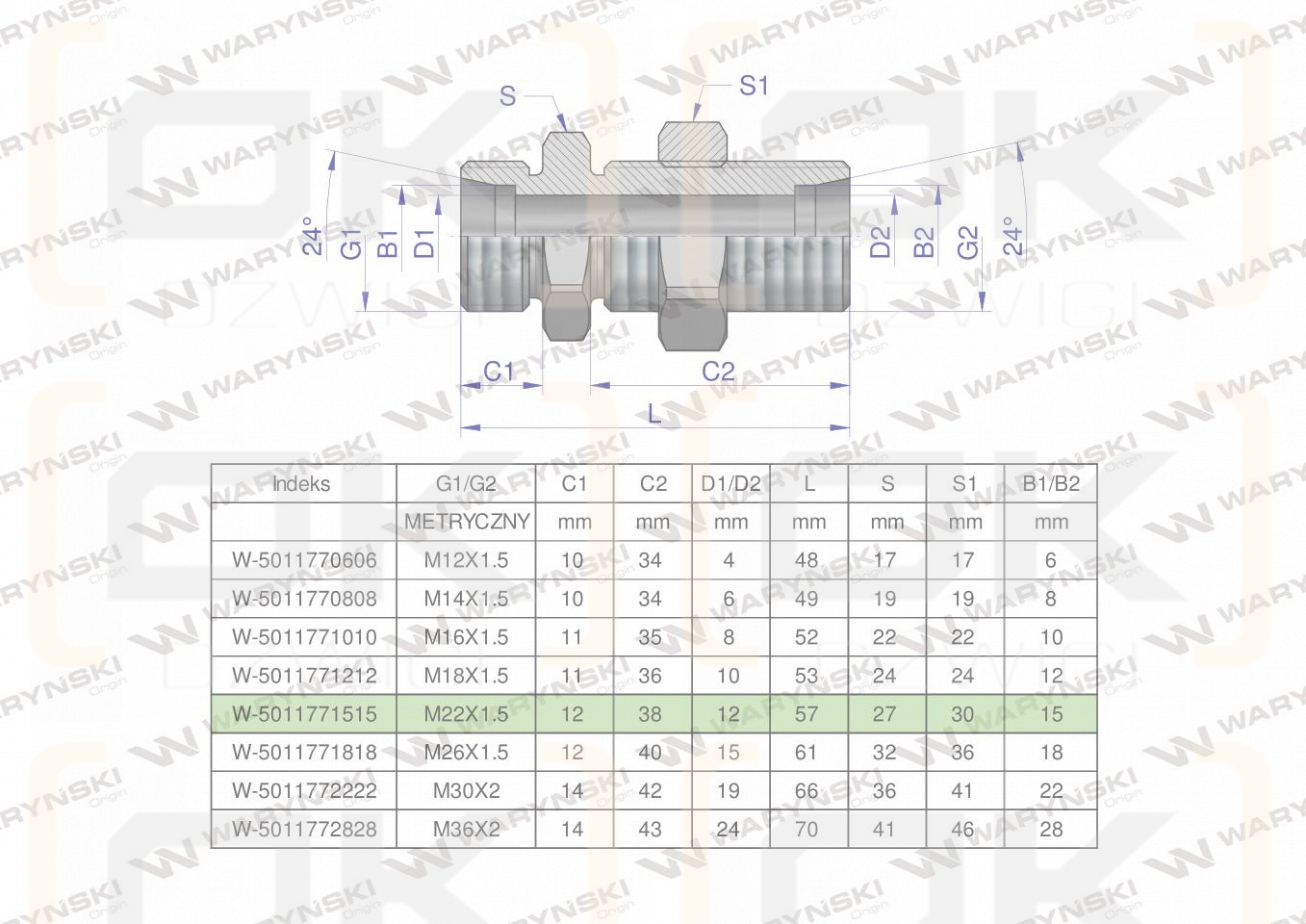Złączka hydrauliczna metryczna grodziowa BB M22x1.5 15L z przeciwnakrętką (XSV) Waryński ( sprzedawane po 2 )