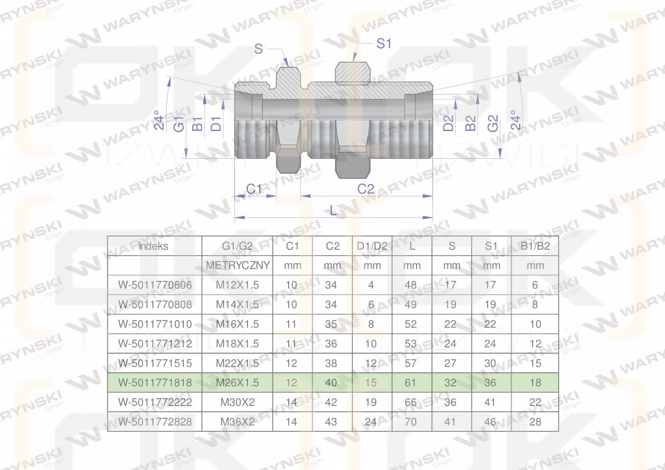 Złączka hydrauliczna metryczna grodziowa BB M26x1.5 18L z przeciwnakrętką (XSV) Waryńśki