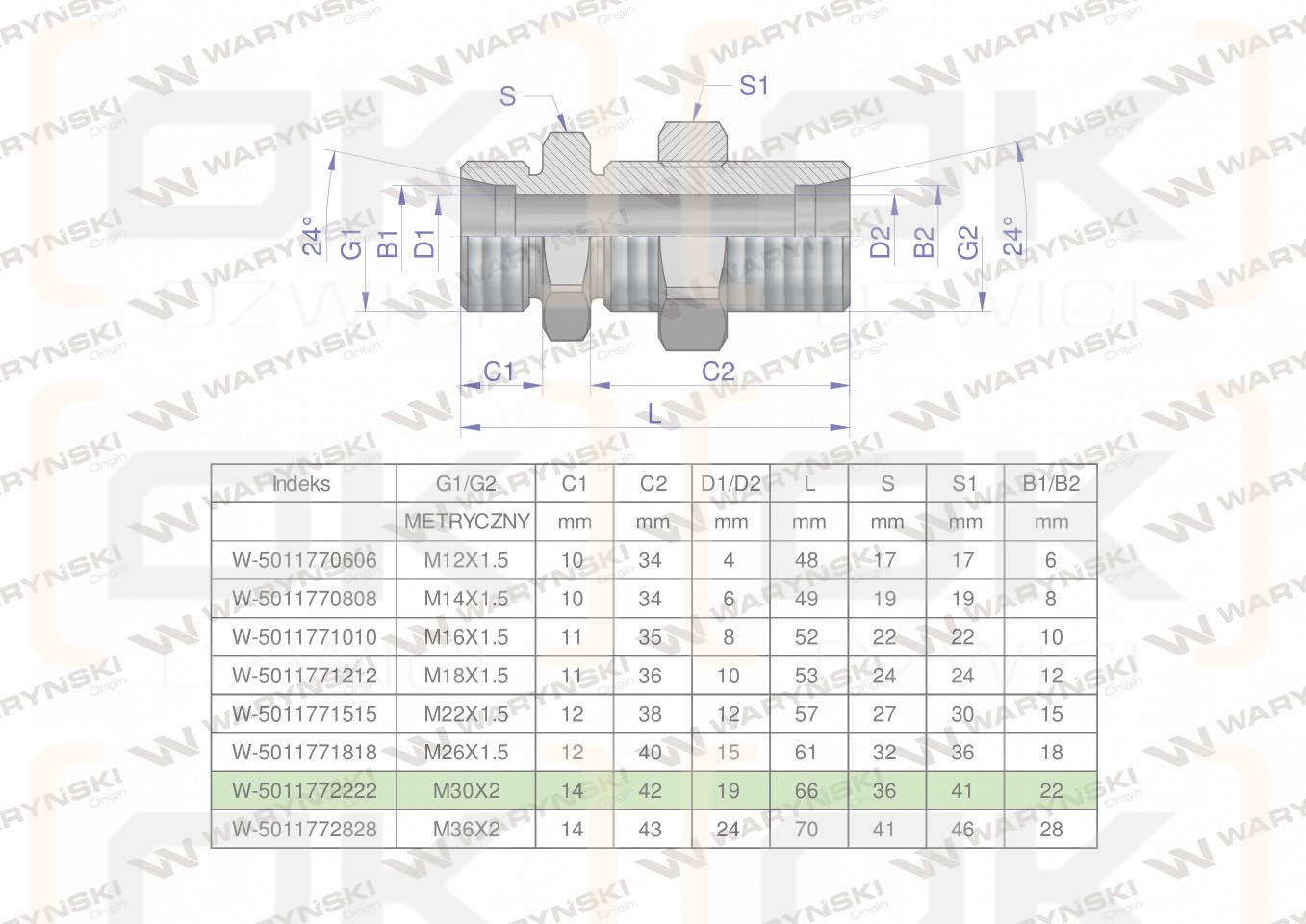 Złączka hydrauliczna metryczna grodziowa BB M30x2 22L z przeciwnakrętką (XSV) Waryński