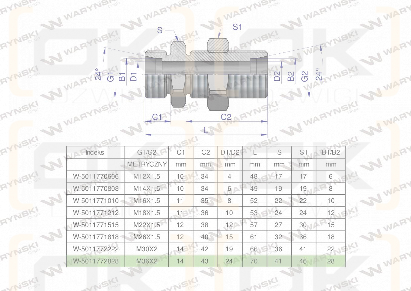Złączka hydrauliczna metryczna grodziowa BB M36x2 28L z przeciwnakrętką (XSV) Waryński