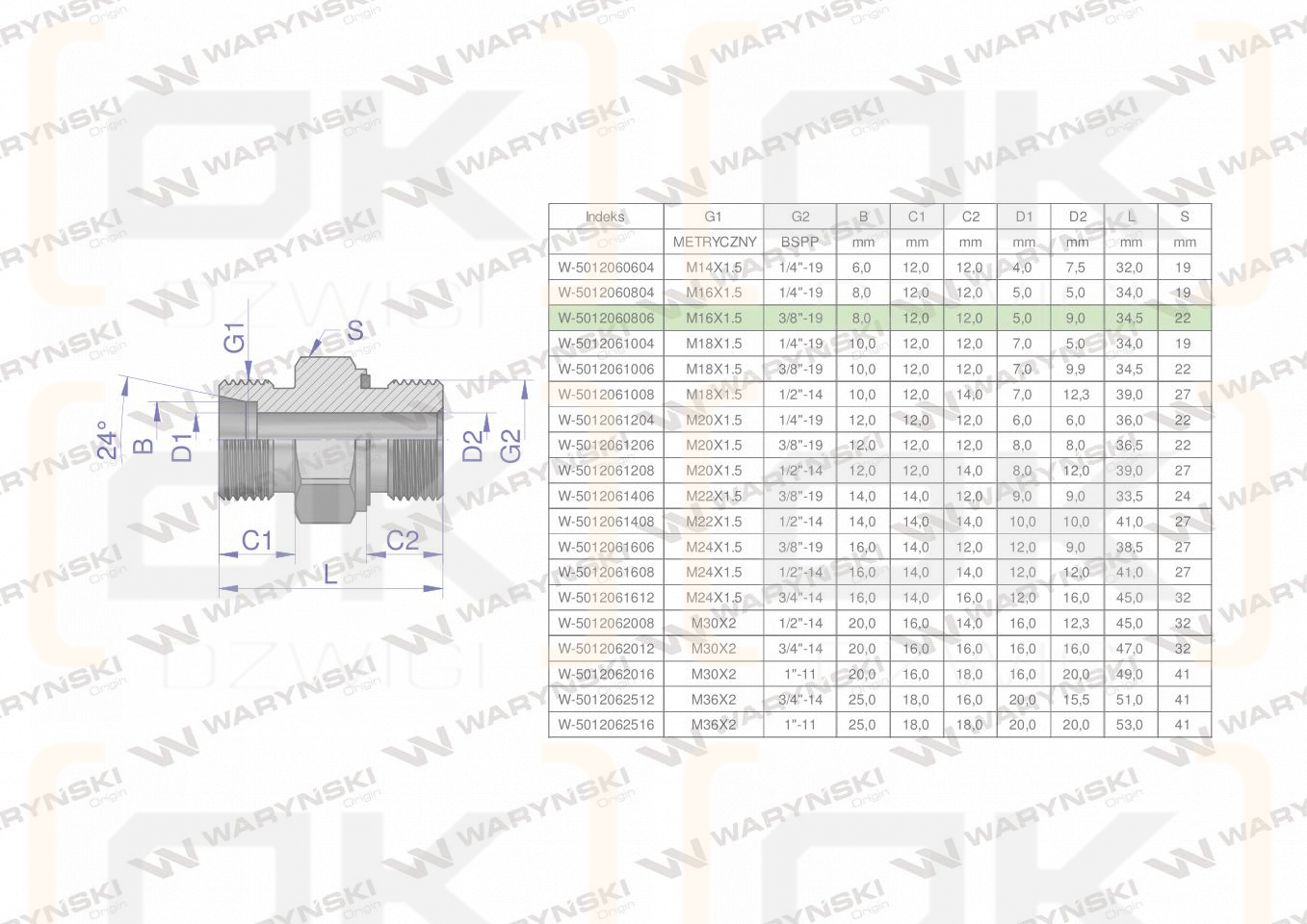 Przyłączka hydrauliczna (odmiana ciężka XGE) BB M16x1.5 08S x 3/8