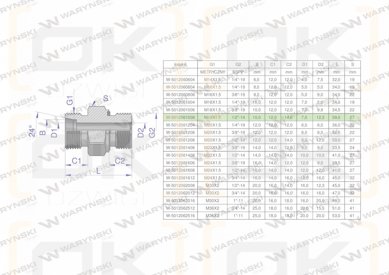 Przyłączka hydrauliczna (odmiana ciężka XGE) BB M18x1.5 10S x 1/2
