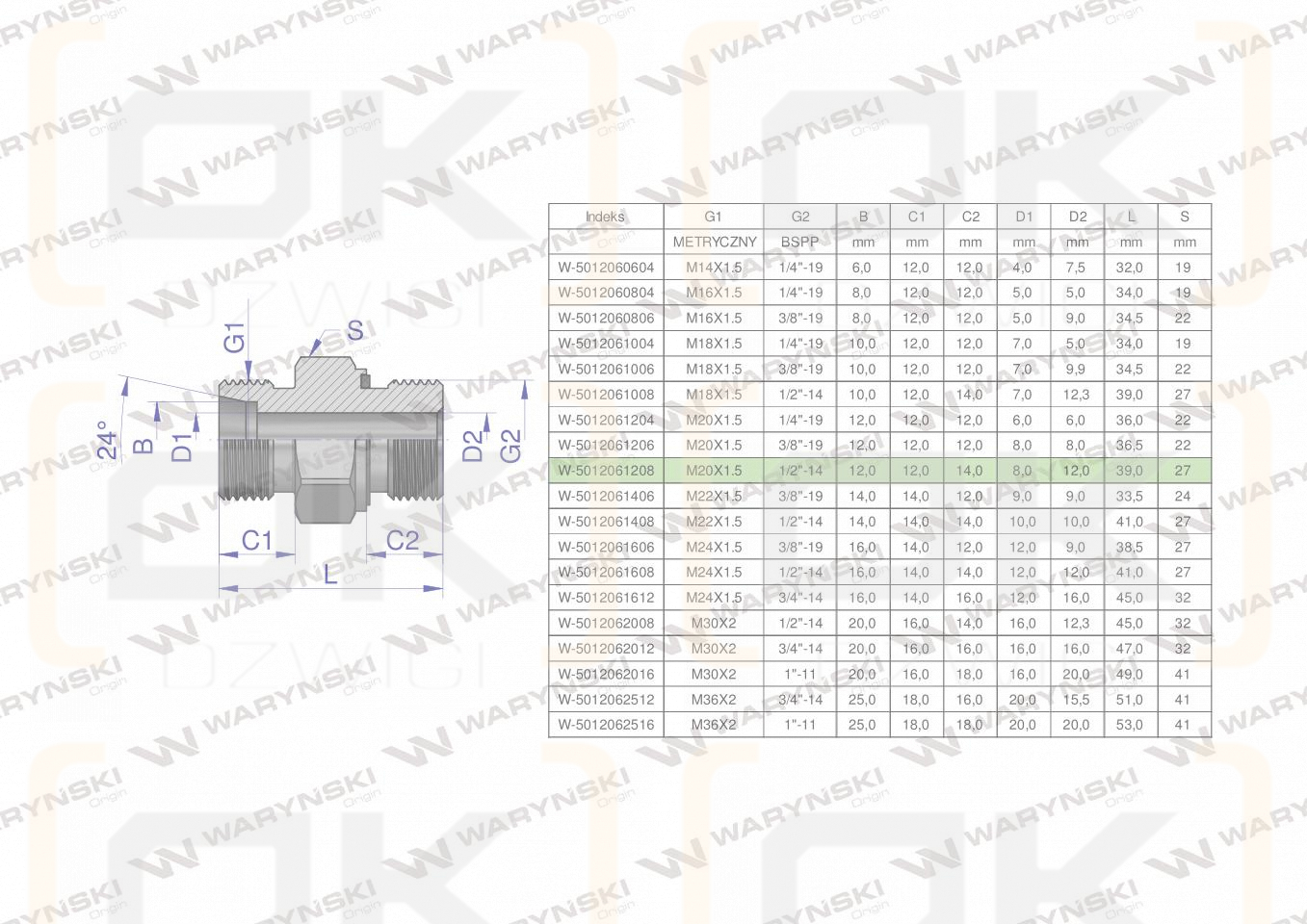 Przyłączka hydrauliczna (odmiana ciężka XGE) BB M20x1.5 12S x 1/2