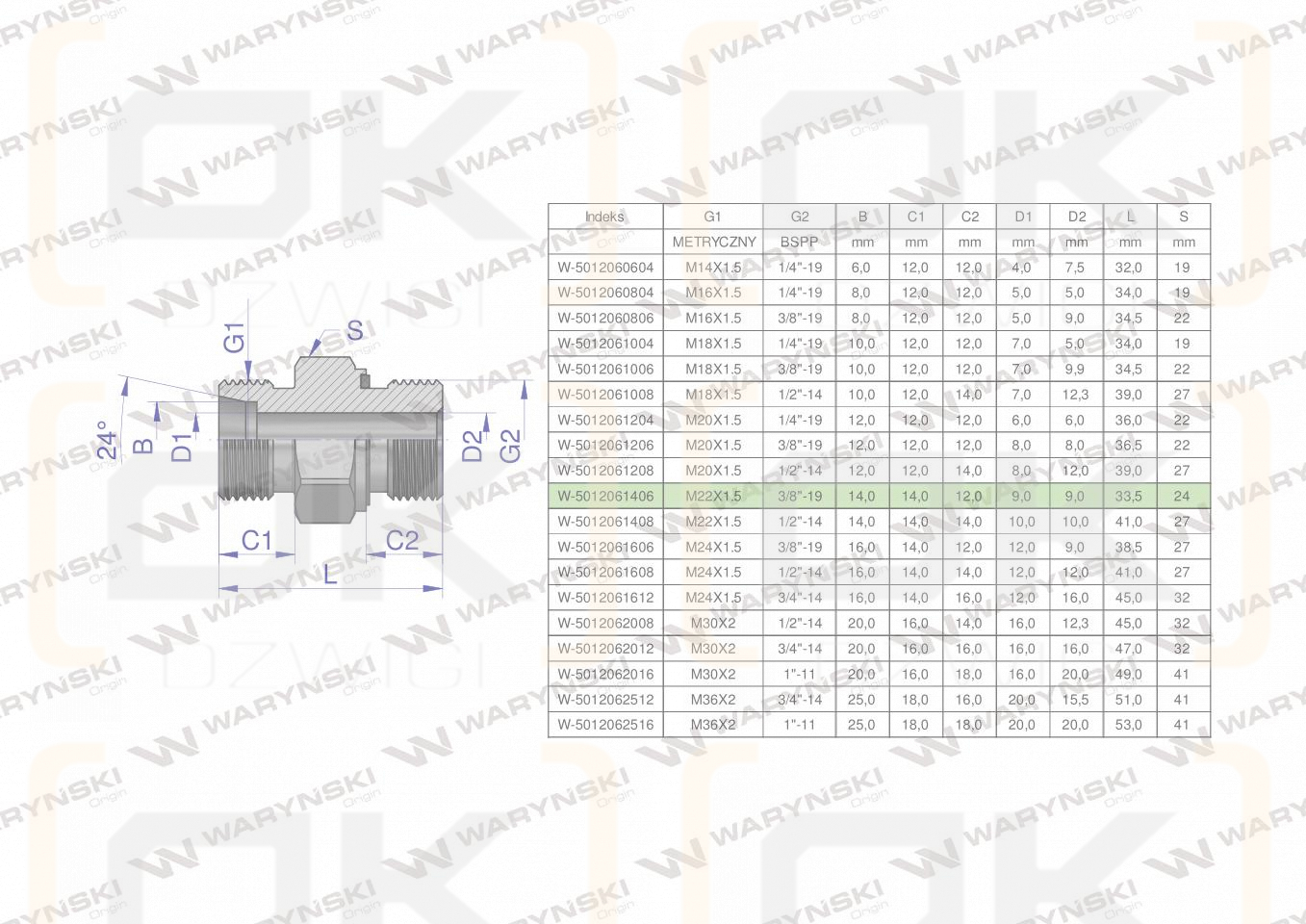 Przyłączka hydrauliczna (odmiana ciężka XGE) BB M22x1.5 14S x 3/8
