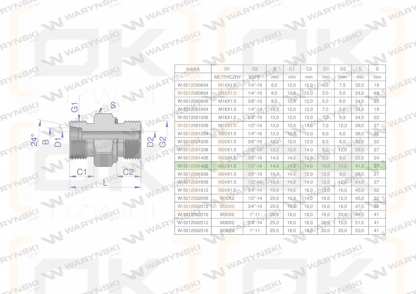 Przyłączka hydrauliczna (odmiana ciężka XGE) BB M22x1.5 14S x 1/2
