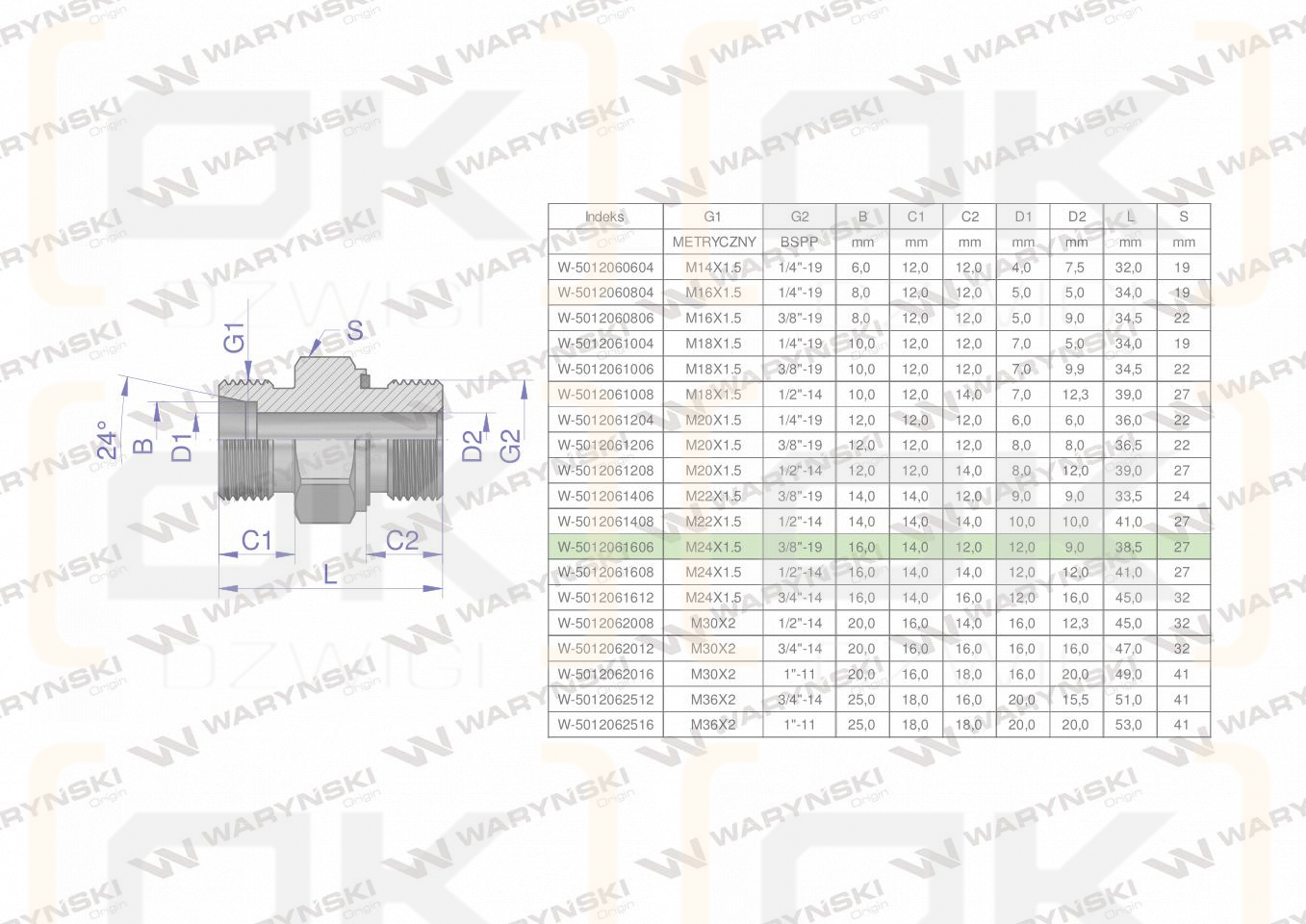 Przyłączka hydrauliczna (odmiana ciężka XGE) BB M24x1.5 16S x 3/8