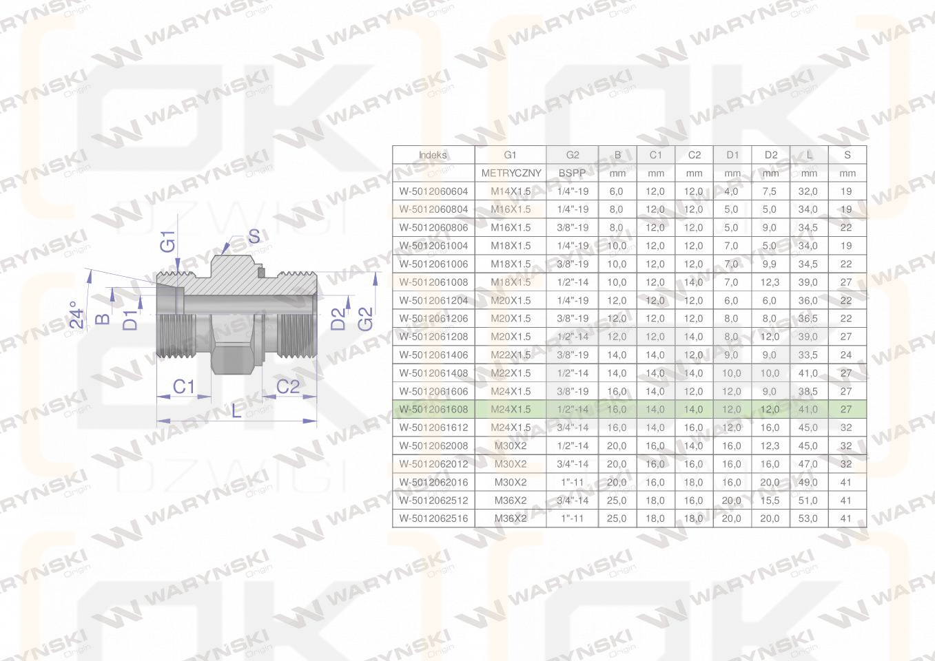 Przyłączka hydrauliczna (odmiana ciężka XGE) BB M24x1.5 16S x 1/2