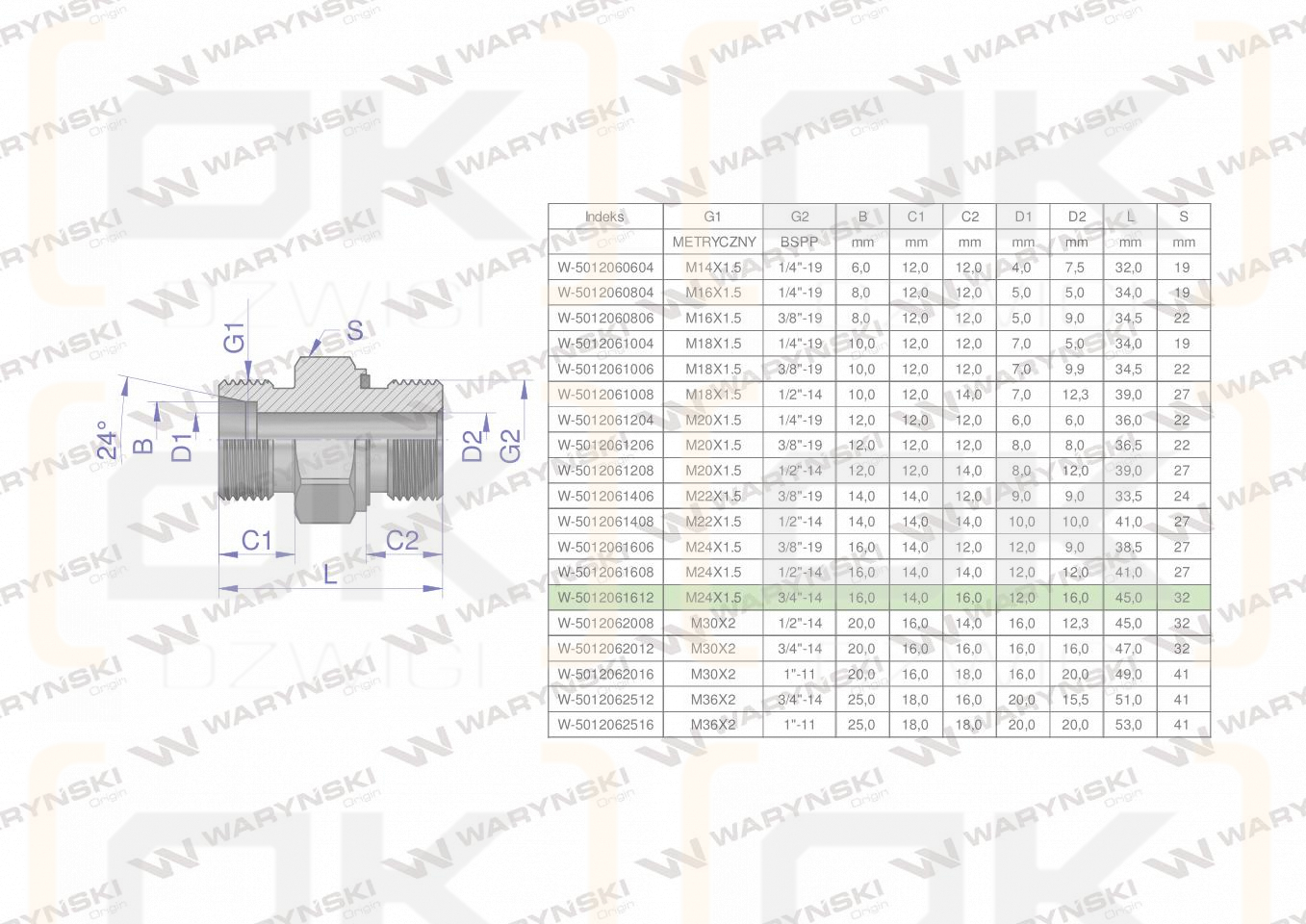 Przyłączka hydrauliczna (odmiana ciężka XGE) BB M24x1.5 16S x 3/4
